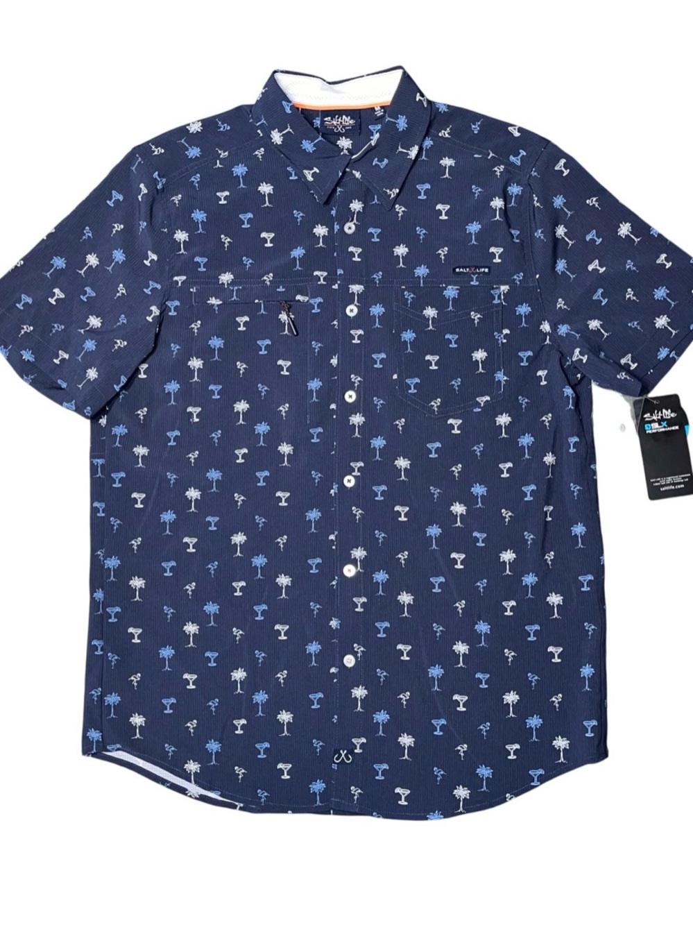 Salt Life Performance Short Sleeve Button Up Collar Shirt Blue Beach NWT Medium